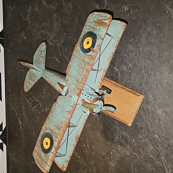 Vintage tin handmade single pilot wwii military airplane blue on stand unique! - Picture 2 of 5